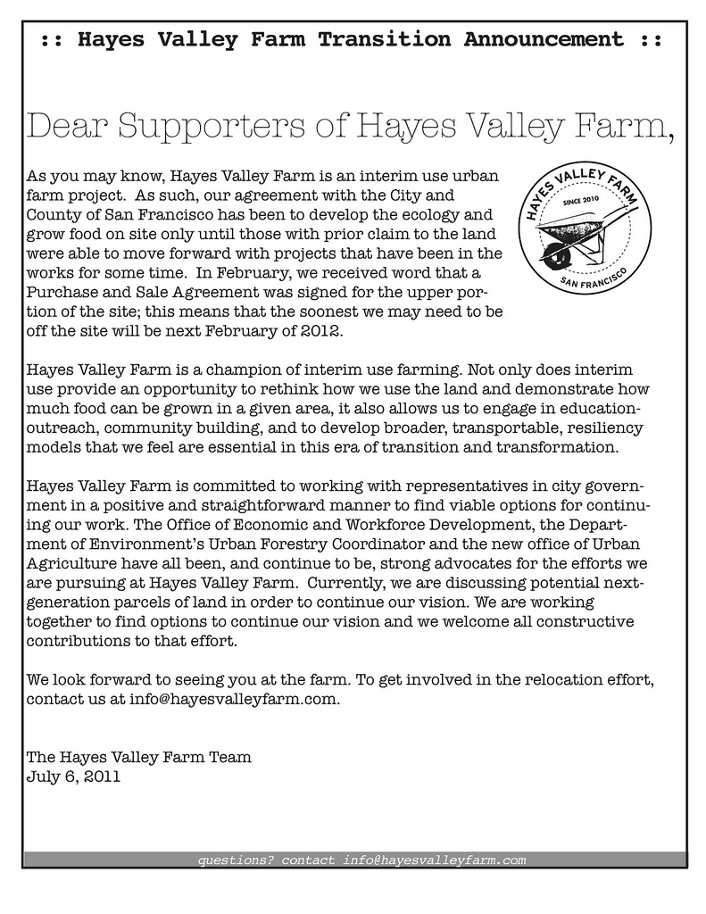 Hayes Valley Farm Transition Announcement - July 12, 2011