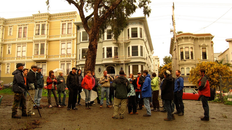 gathering inside the gates at Hayes Valley Farm